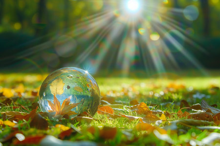 Glass globe on the grass in the autumn forest with fallen leaves.の素材