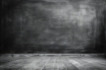 Blackboard with chalk on a wooden floor. Blackboard background.の素材