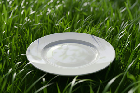 Empty plate on green grass background. Close up.の素材