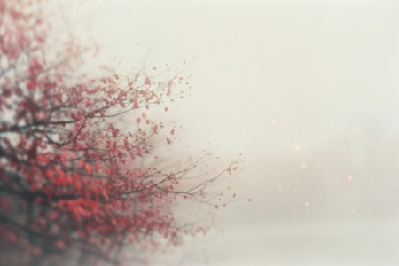 Blurred background of autumn leaves on a foggy winter day.の素材
