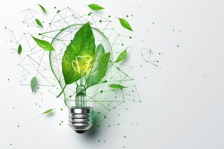 Green energy concept with lightbulb and green leaves on white backgroundの素材