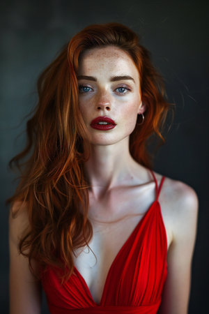 Portrait of a beautiful redhead girl in a red swimsuitの素材