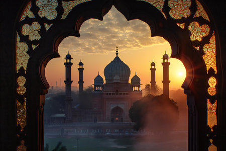 Sunrise over the Taj Mahal in Agra, Uttar Pradesh, Indiaの素材
