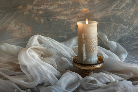 Burning candle in a candlestick on a background of white fabricの素材