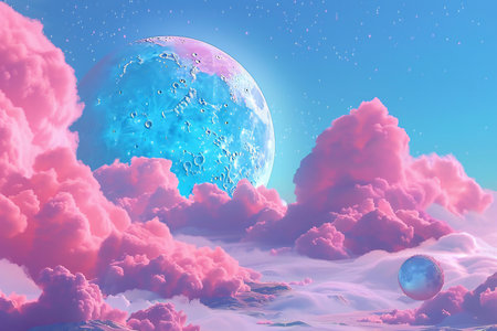Fantasy alien planet in the clouds. 3d render illustration.の素材