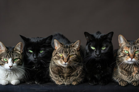 Group of four cats with green eyes sitting on a black background.の素材