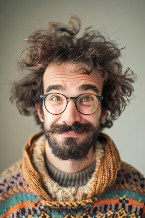 Portrait of a handsome young man with long curly hair and glassesの素材