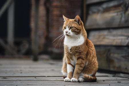 Portrait of a red and white cat sitting on a wooden floorの素材