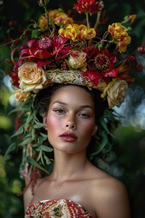 Portrait of a beautiful girl in a wreath of flowers on her headの素材