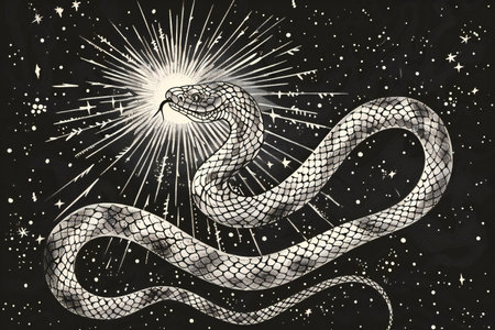 Hand drawn snake with sun and stars on black background. Vector illustration.の素材