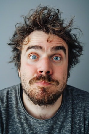 Portrait of a bearded man with blue eyes on a gray backgroundの素材