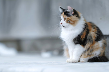 Cute multicolored cat sitting on the floor and looking upの素材