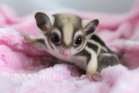 Little sugar glider baby on pink blanket, closeup of photoの素材