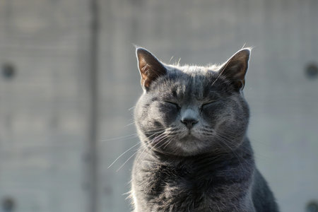 Portrait of a gray cat on a background of gray concrete wallの素材