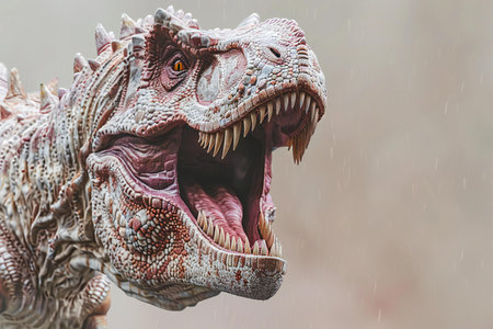close up of the head of a tyrannosaurus rex in the rainの素材
