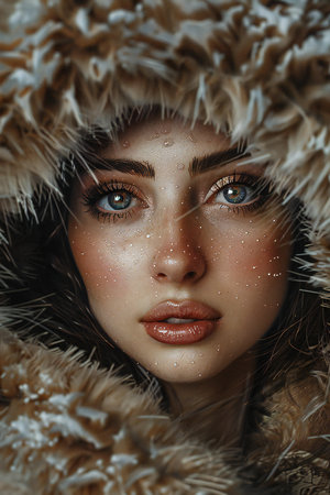 Fashion portrait of young beautiful woman in fur coat. Beauty, winter fashion.の素材
