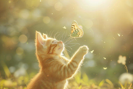 Cute little kitten playing with butterfly in the garden at sunset.の素材