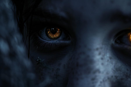 Close-up of a woman's eyes in the dark. Halloween theme.の素材