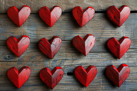 Red hearts on a wooden background. Valentine's Day. Love.の素材
