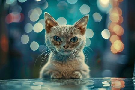 Cute cat with blue eyes on bokeh background, close upの素材