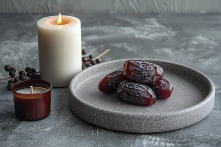 Dates and candles on a gray plate on a gray background.の素材