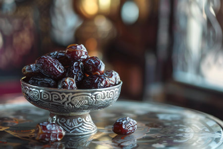 Dates fruit in a silver bowl on the oriental table.の素材