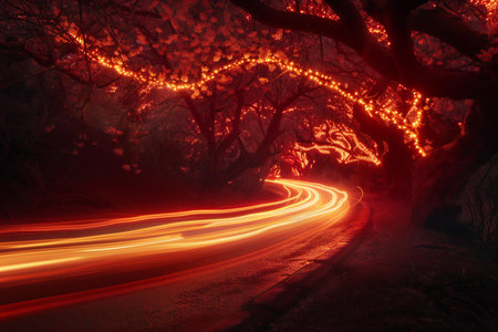 The light trails on the road in the forest at night, Thailand.の素材