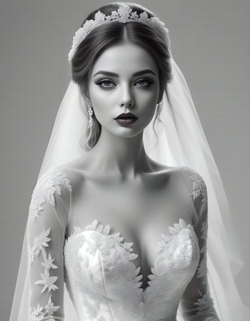 Portrait of beautiful young bride in white wedding dress with veil.の素材
