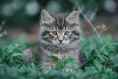 cute little siberian kitten in the garden on green grassの素材