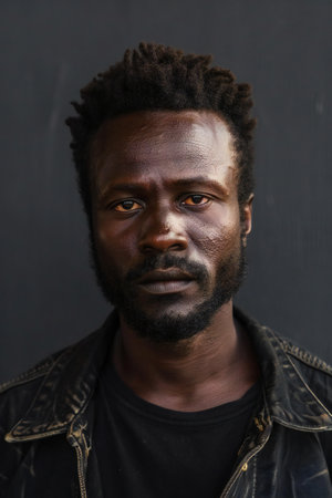 Portrait of a handsome african american man with afro hairstyle wearing a leather jacketの素材
