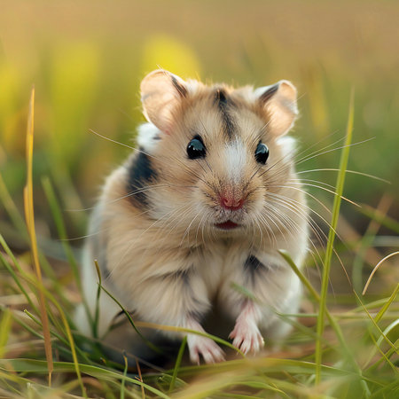 Hamster in the grass, close-up portrait, shallow depth of fieldの素材