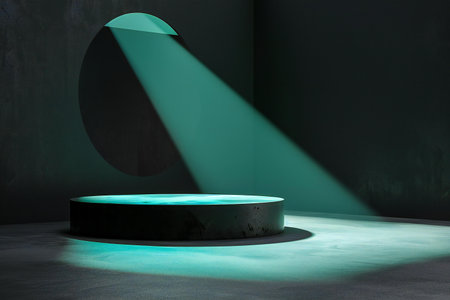 3D rendering of a black podium in a dark room lit by a spotlightの素材