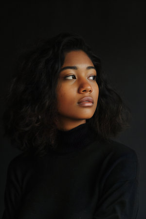 Portrait of a young african american woman on black backgroundの素材