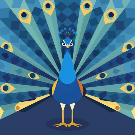 Peacock on a blue background with patterns. Vector illustration.の素材