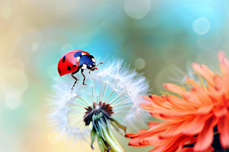 ladybug on dandelion flower macro close up with bokeh backgroundの素材