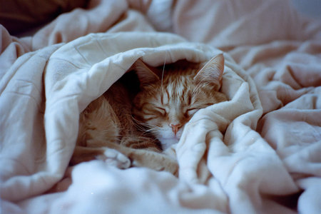 Cute ginger cat sleeping under blanket. Fluffy pet in bed.の素材
