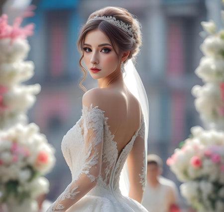 fashion outdoor photo of beautiful bride with dark hair in luxurious wedding dress posing in old townの素材