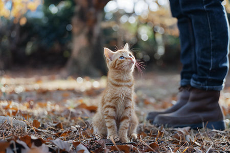 Cute ginger cat sitting on the ground in the autumn park.の素材