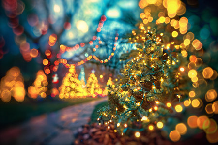 Christmas and New Year background with bokeh defocused lights and treeの素材