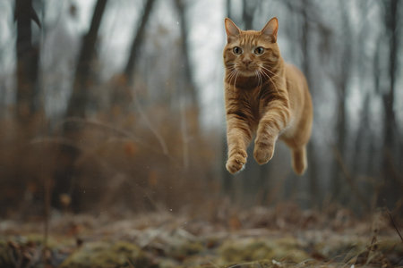 Ginger cat jumping in the forest. Shallow depth of field.の素材