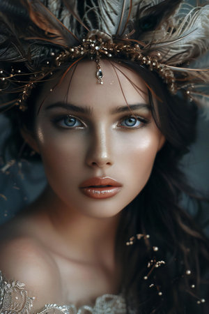Portrait of a beautiful young woman with feathers on her head.の素材