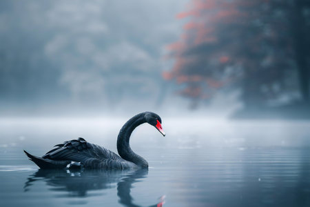 Beautiful black swan swimming on a lake in the fog.の素材