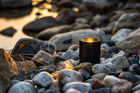 Burning candle on the beach at sunset. Selective focus.の素材