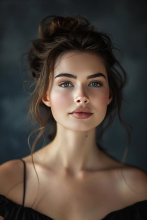 Portrait of a beautiful young woman with brown hair and makeup.の素材