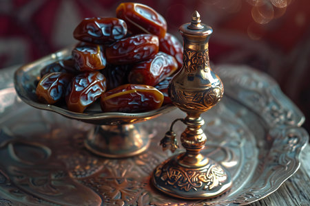 Dates fruit and oriental silver bowl on wooden background. Selective focus.の素材