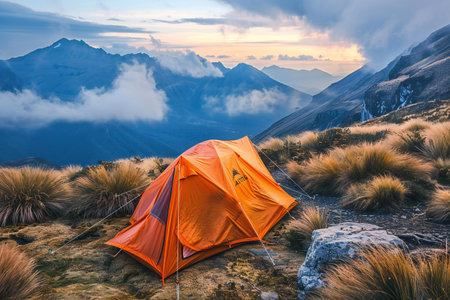 Camping on the top of the mountain at sunset, New Zealandの素材