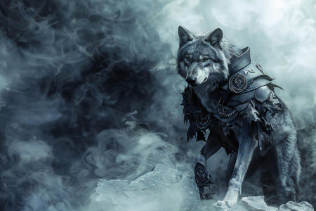 Portrait of a wolf in armor on a background of smoke.の素材