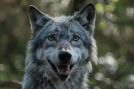Portrait of a grey wolf with open mouth in the forest.の素材