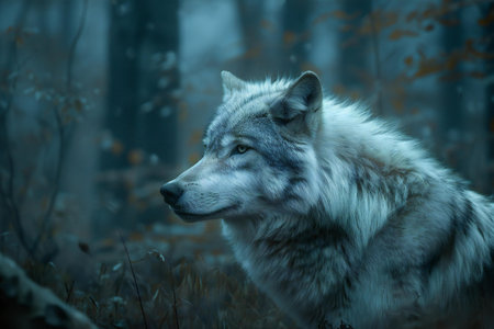 White wolf in the forest. Wildlife scene from nature. Wolf in the forest.の素材
