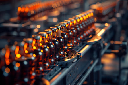 Bottling line of beer in a brewery. Selective focus.の素材